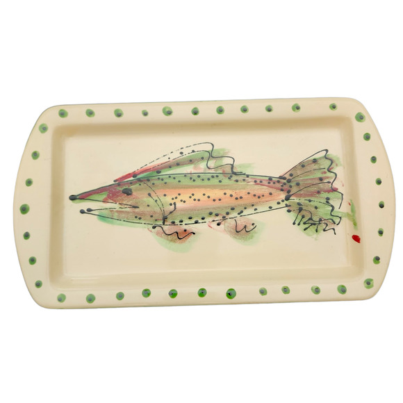 Liston Fish Platter Plate Small Signed 2003 12" x 9.5" Beige Pink Green Handmade - Picture 2 of 9